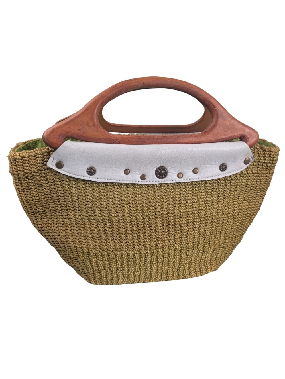 Vintage woven seagrass tote sculptural wood handle studs